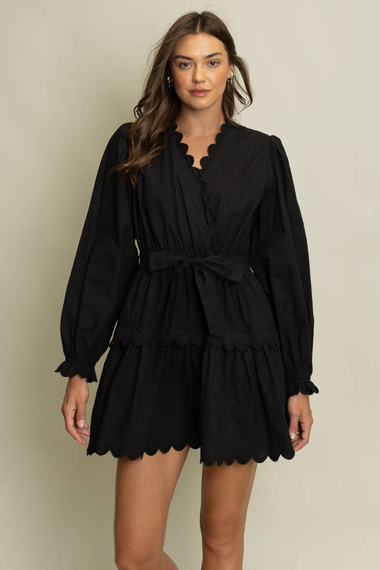 Scalloped Wrap Dress: Black