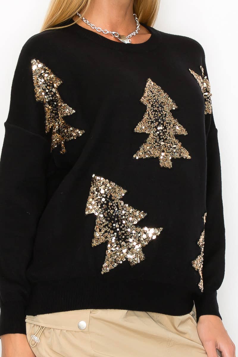 CHRISTMAS TREE SEQUINS SWETAER: Black