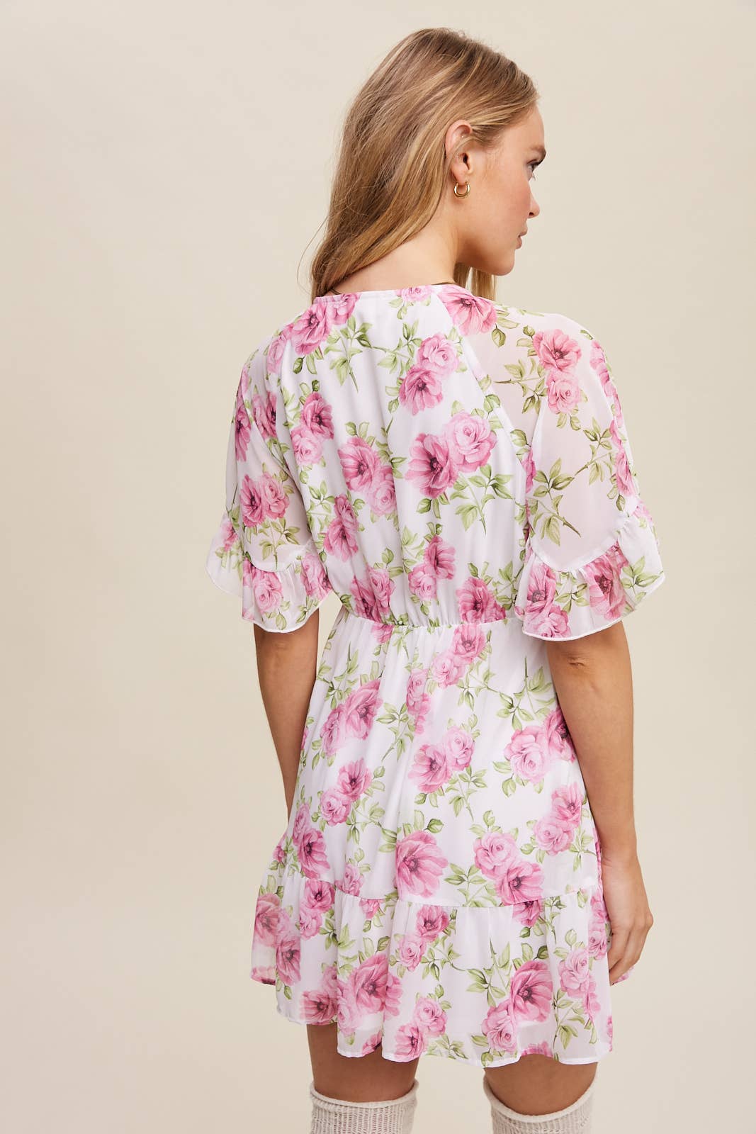 Floral Ruffle Sleeve Mini Dress: Cream