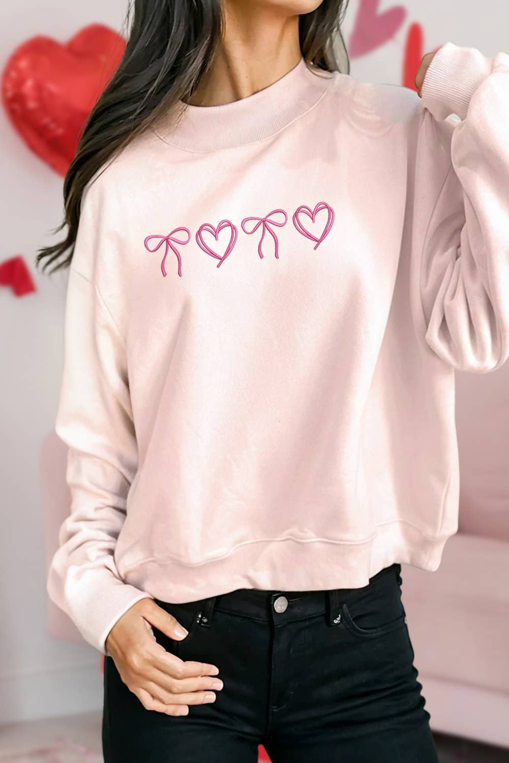 Heart Bow Embroidered Mock Neck Sweatshirt Light Pink