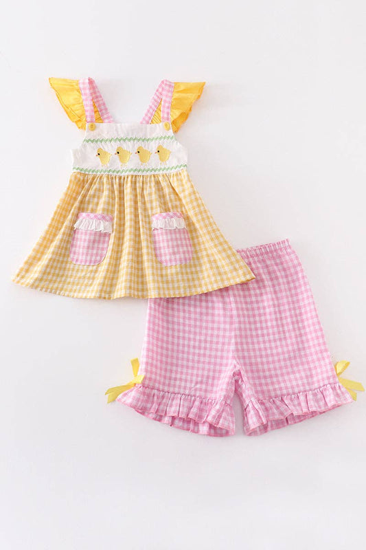 Yellow Plaid Chicken Applique Ruffle Girl Set size 5