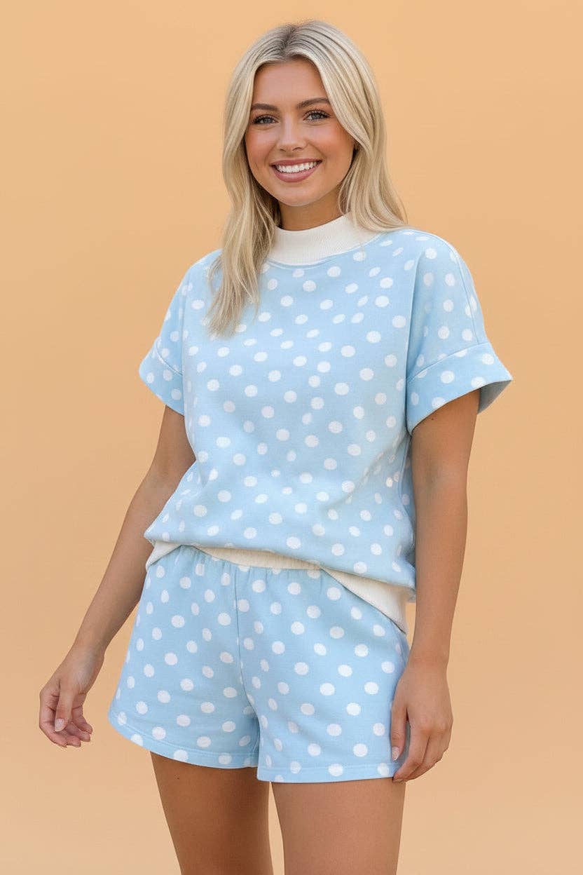 Polka Dot Mock Neck & Shorts Set: Sky Blue