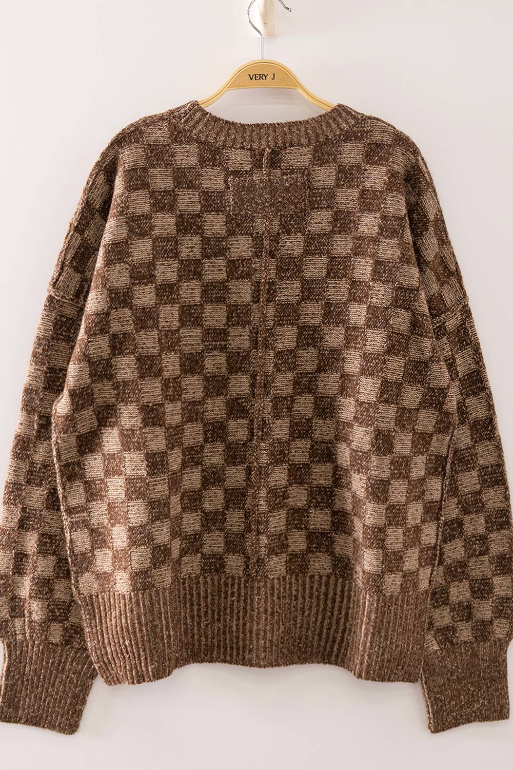 Checkerboard Knit Sweater: CHOCOLATE
