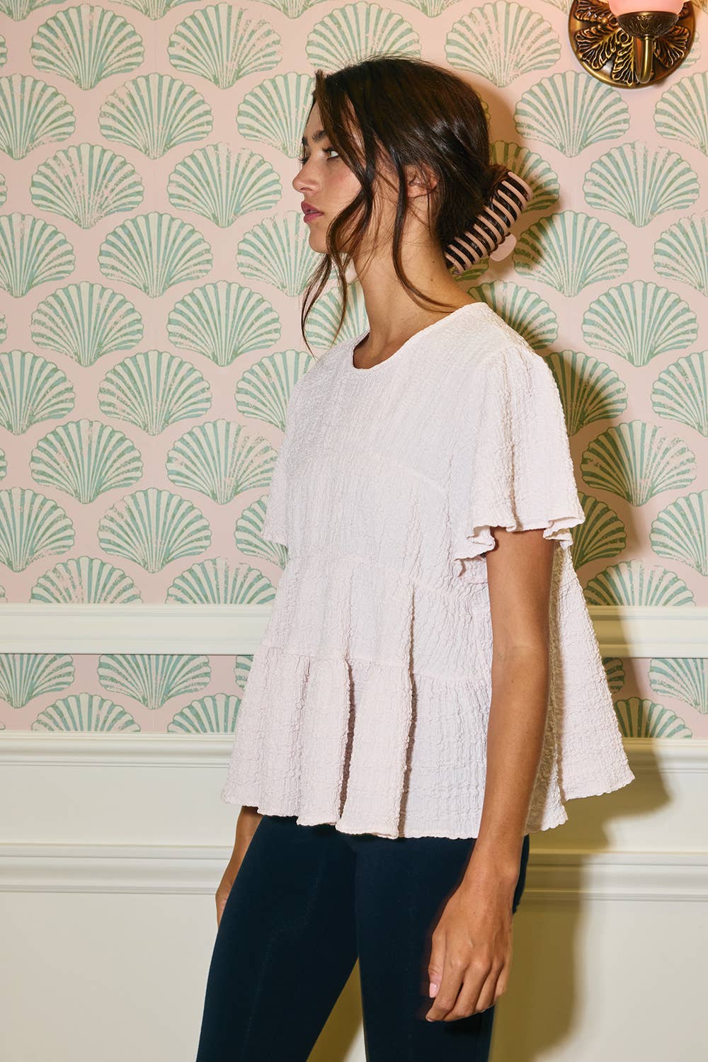 Ruffle Tiered Babydoll Textured Top: CREAM