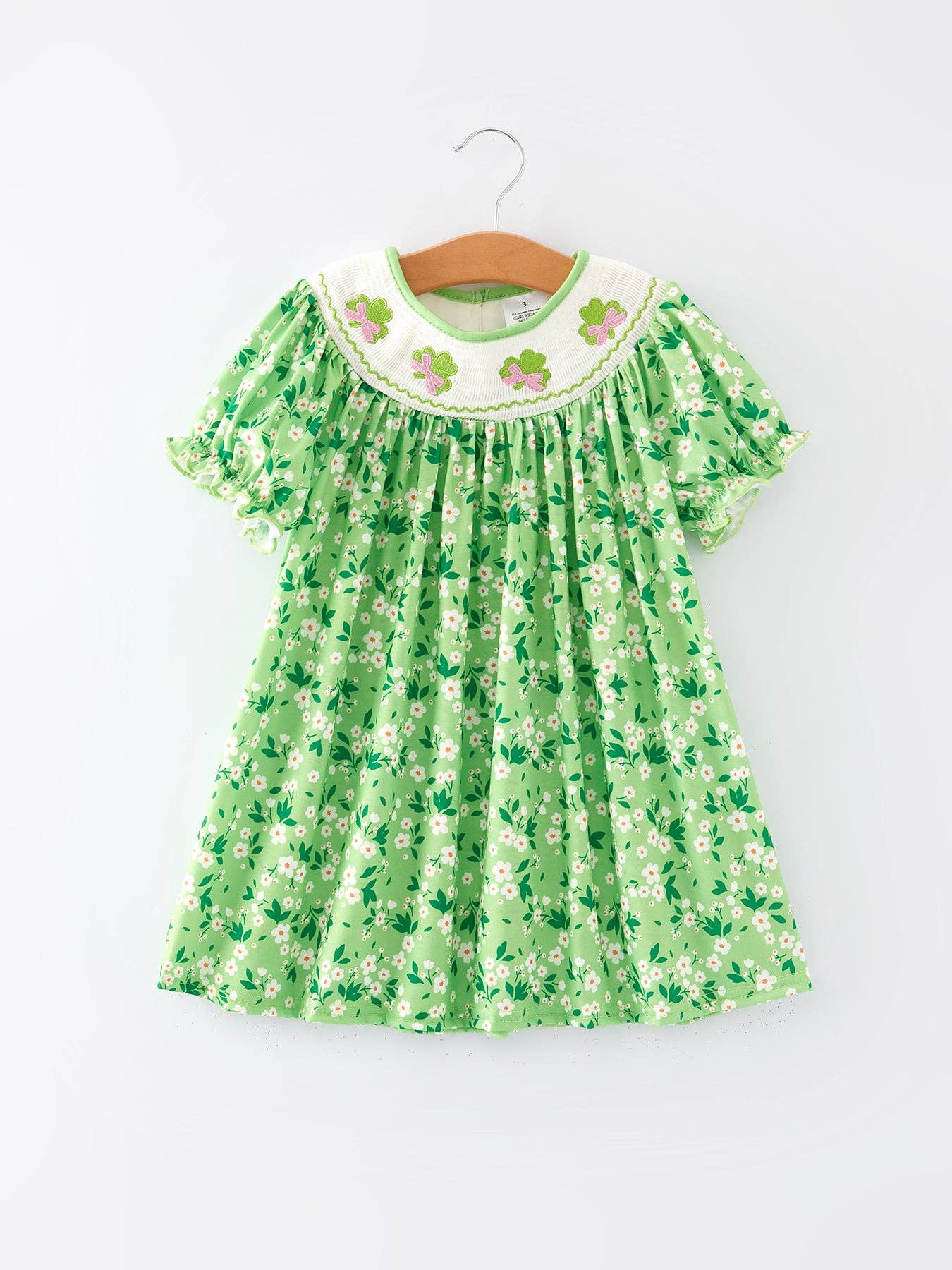 St. Patrick's Day Smocking  Clover Plaid Bow Embroidered Dress