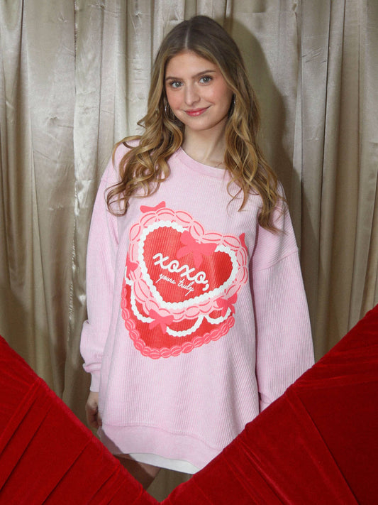 F+S: XOXO, CAKE CORDED SWEATSHIRT