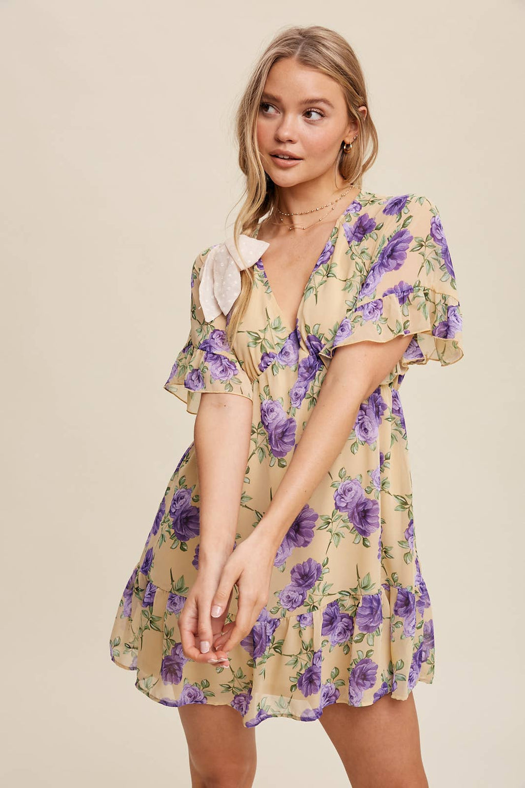 Floral Ruffle Sleeve Mini Dress: Cream