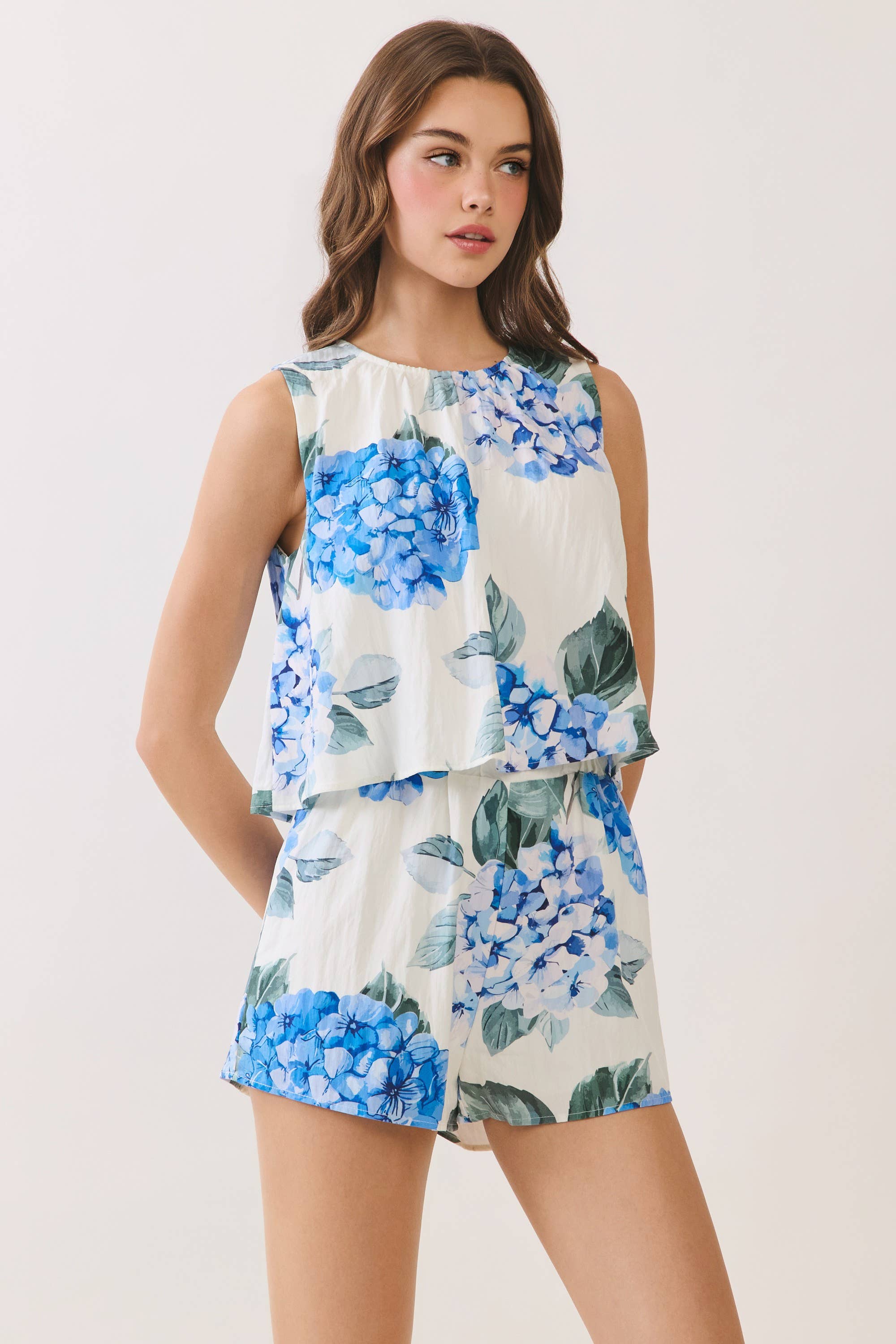 Floral Print Back Keyhole Layered Top Romper: Blue
