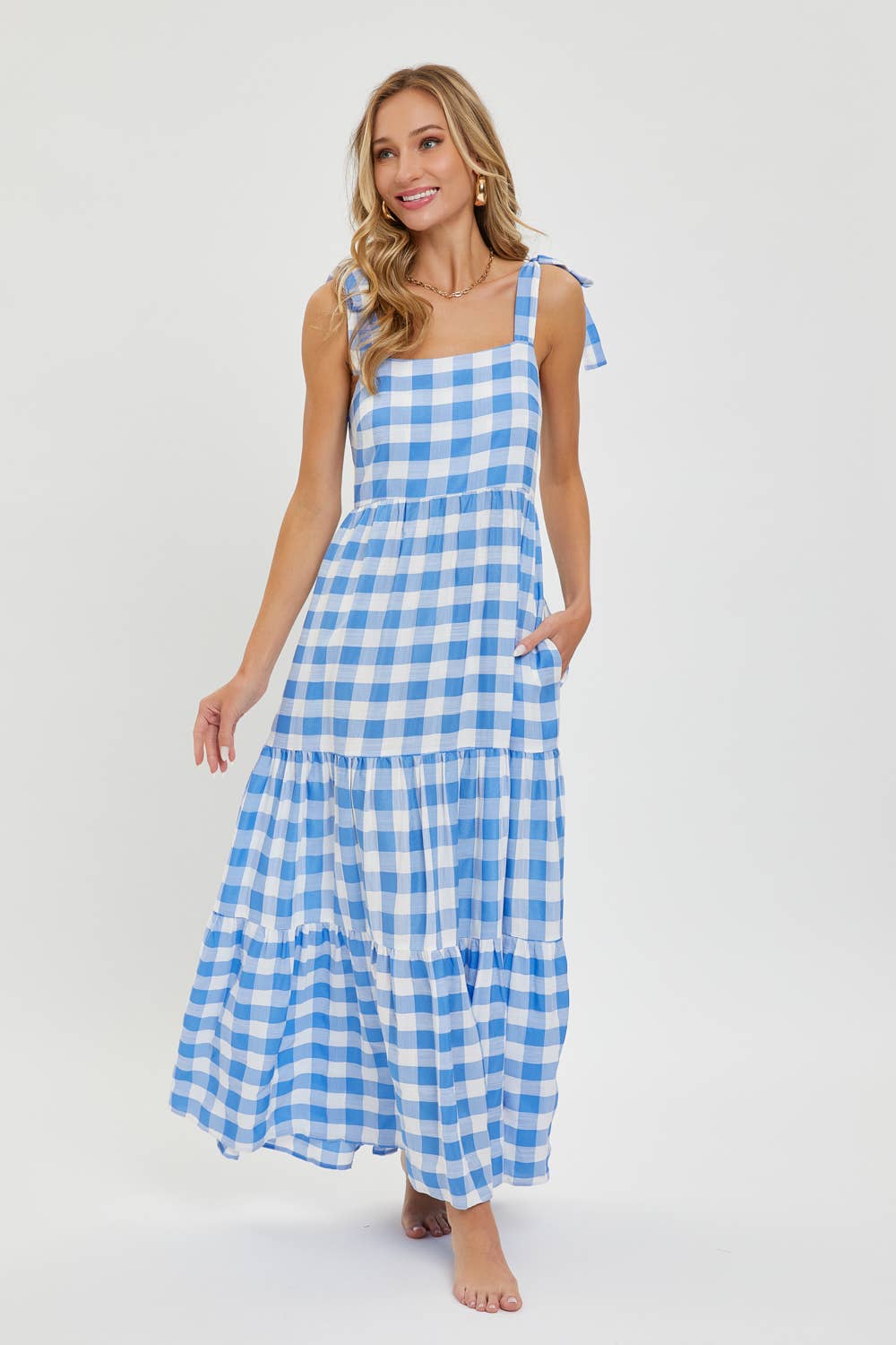 GINGHAM TIERED MAXI DRESS: TAUPE