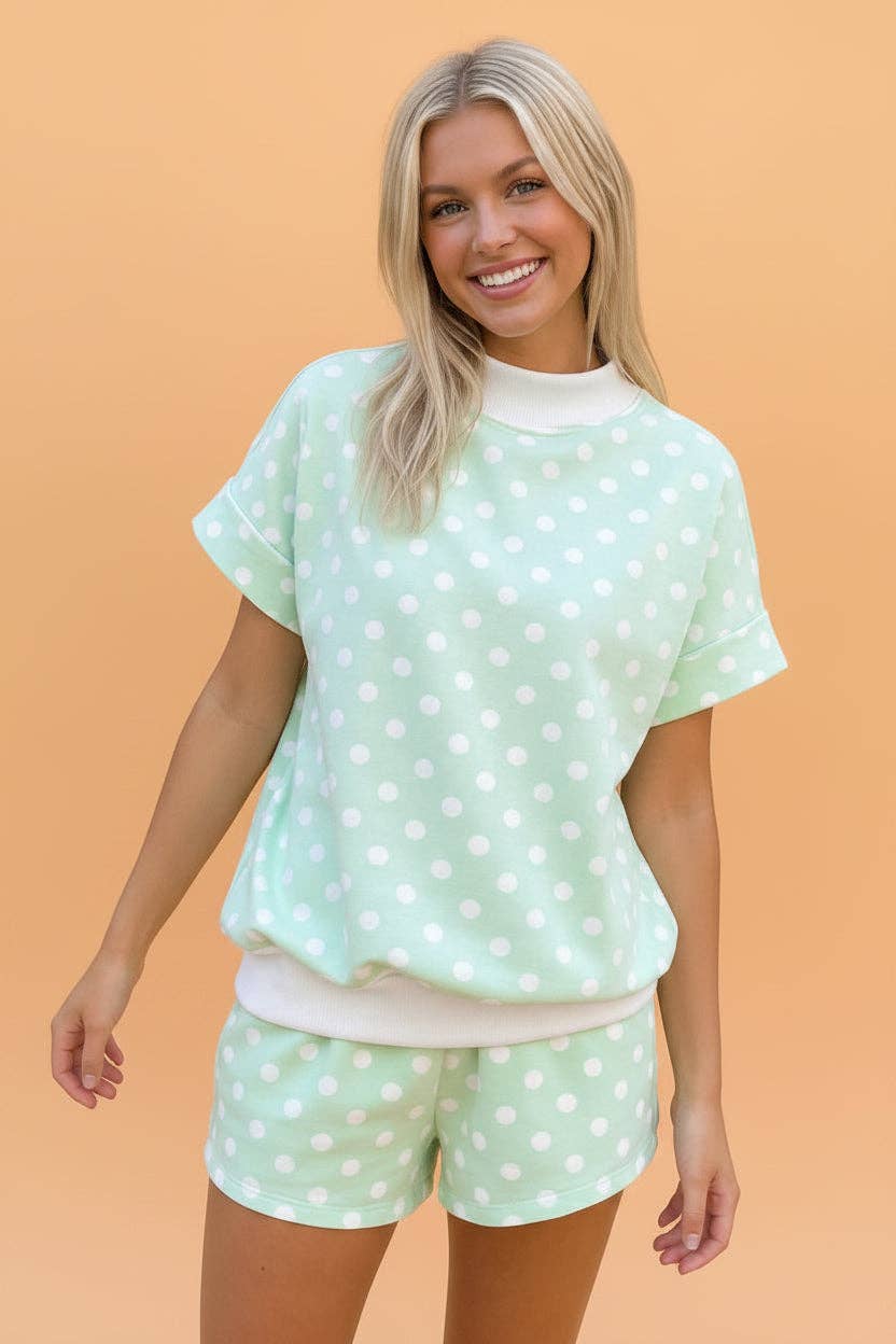 Polka Dot Mock Neck & Shorts Set: Sky Blue