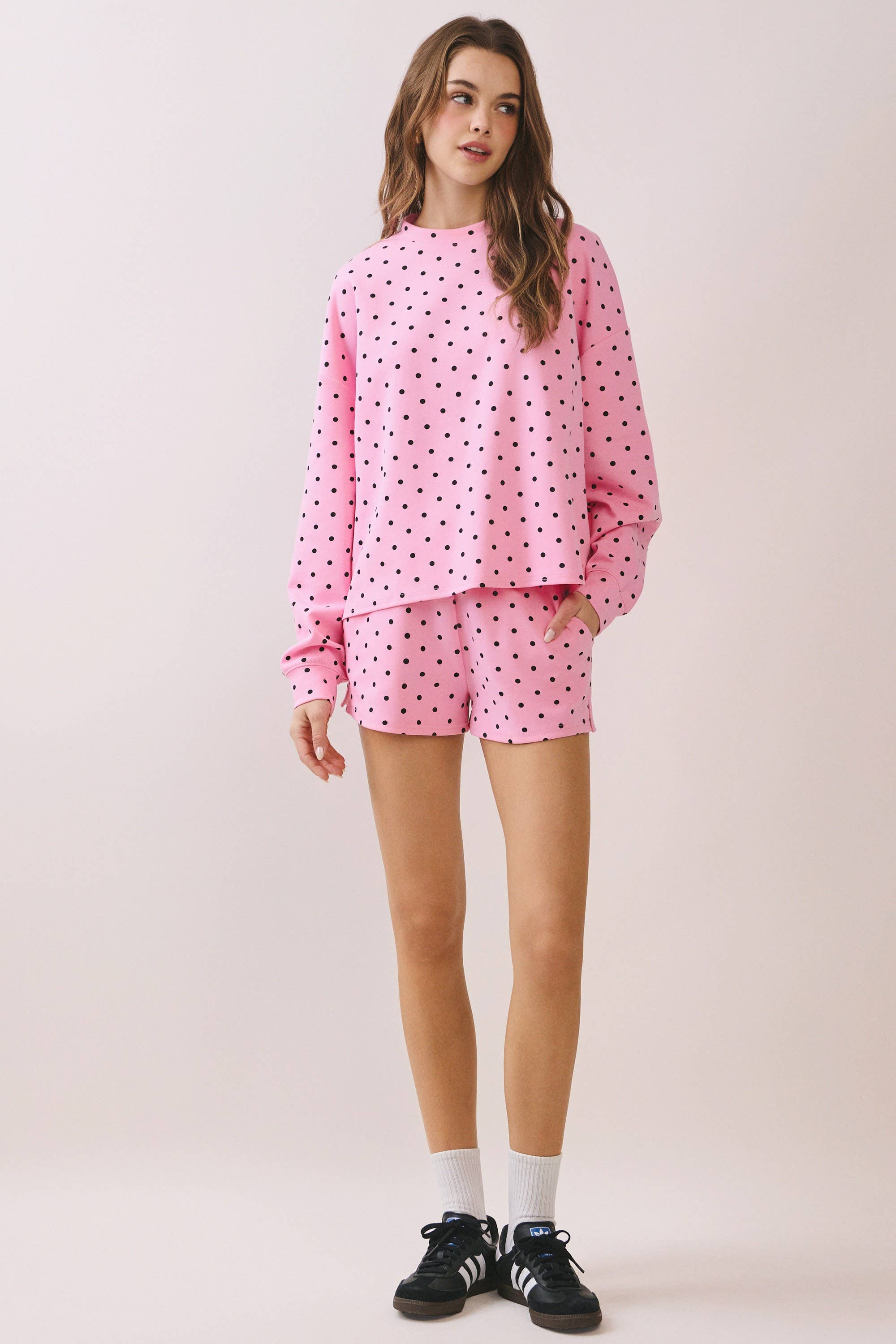 Polka Dot Print Drop Shoulder Pullover Top: Pink Sold Separate
