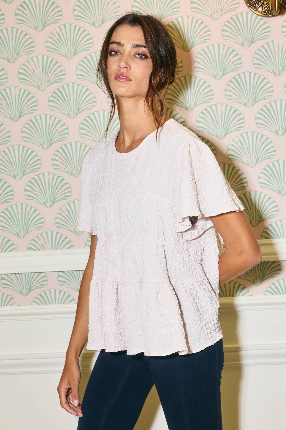 Ruffle Tiered Babydoll Textured Top: CREAM