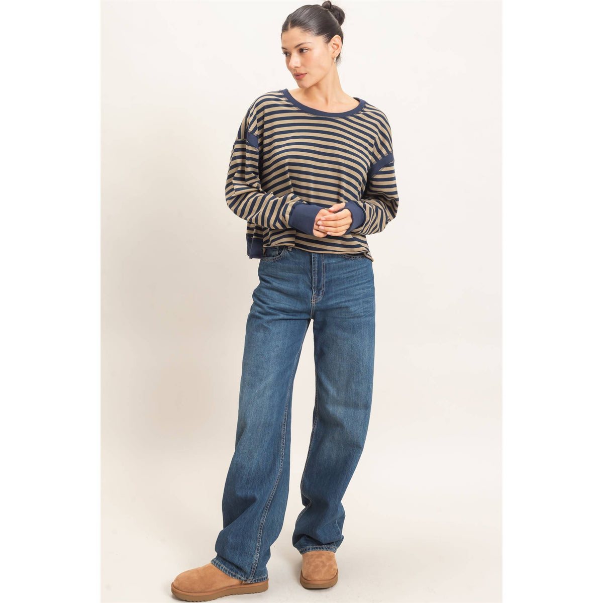 Striped Long Sleeve Top: MOCHA / WHITE