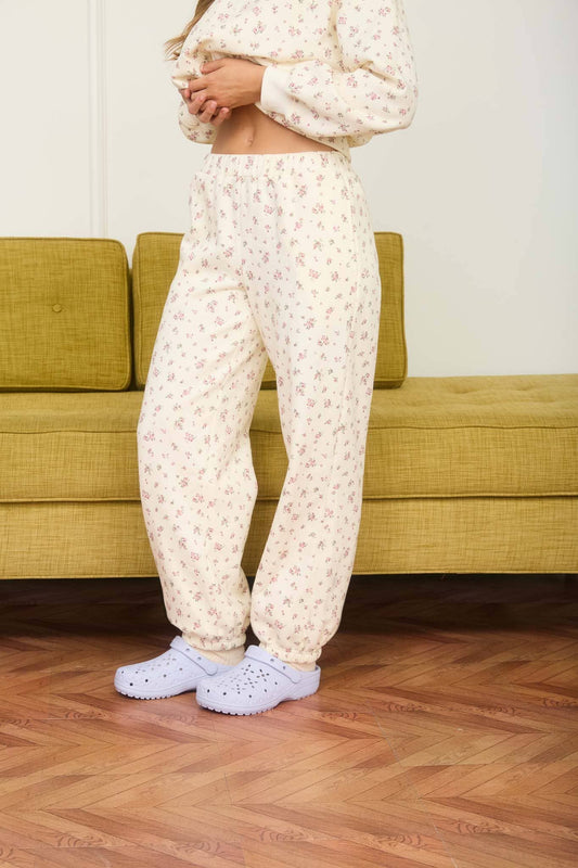 FLORAL PRINT ELASTIC WAIST AND CUFF JOGGERS