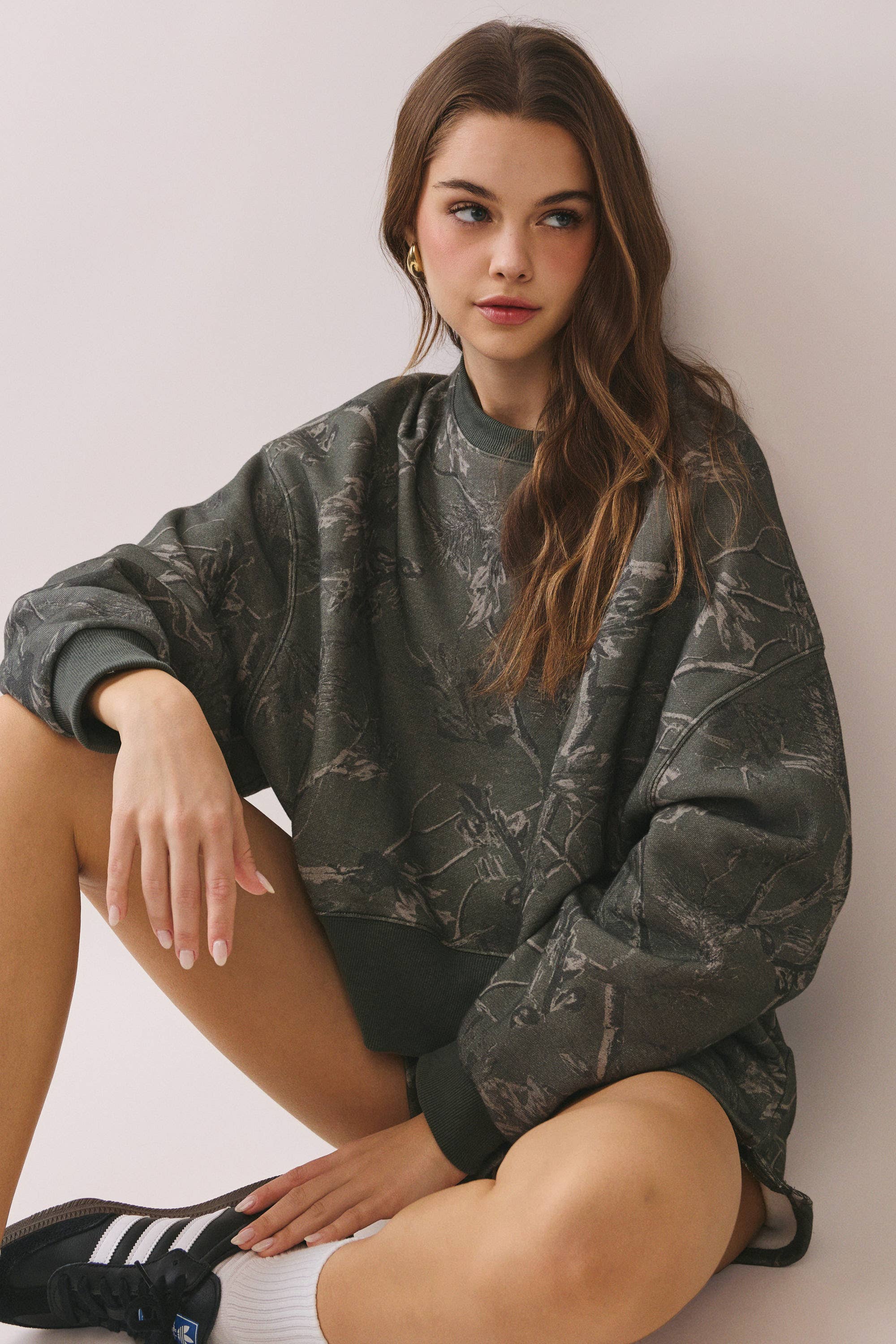 Camouflage Print Dropped Shoulders Sweatshirt Olive