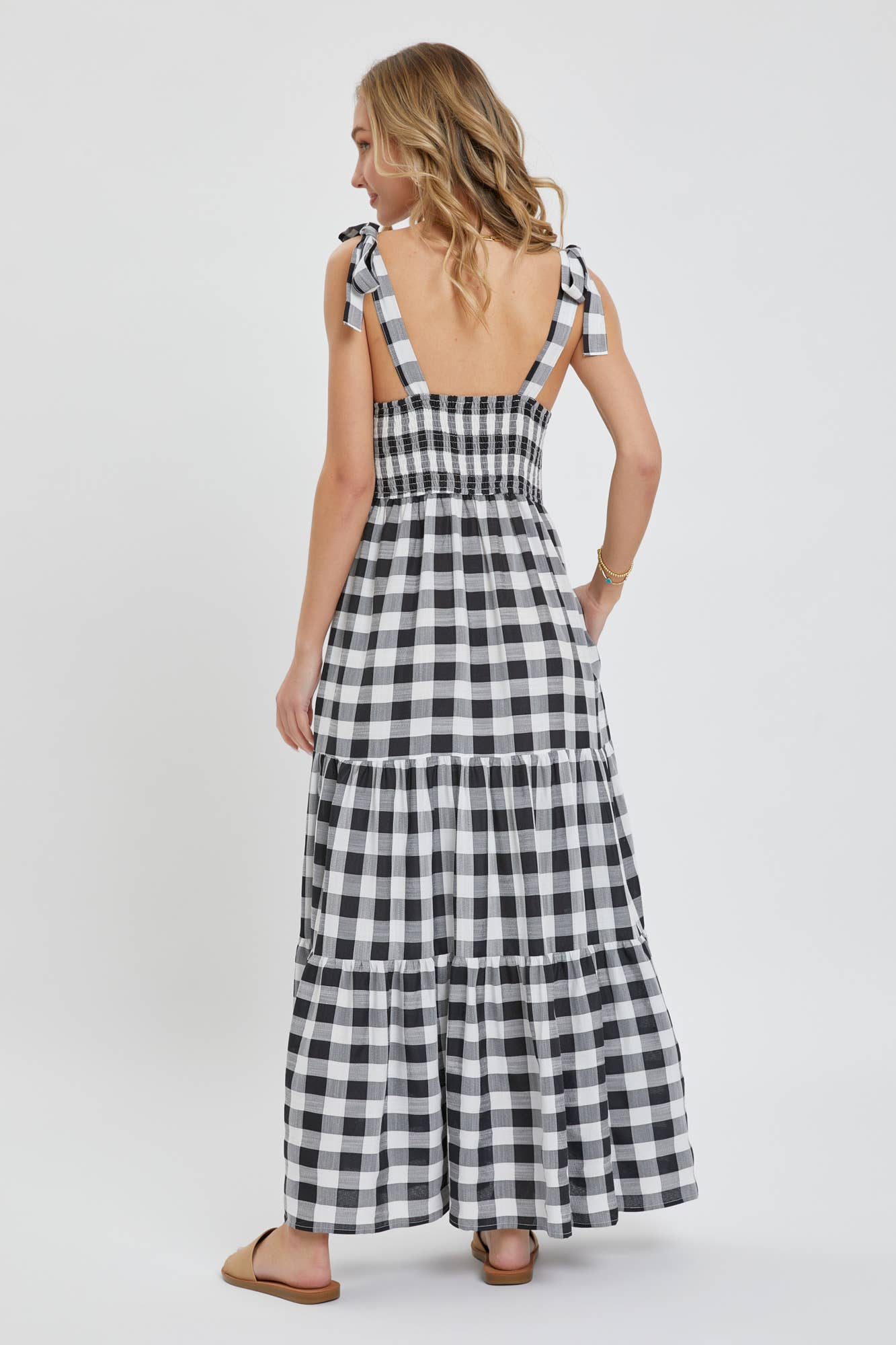 GINGHAM TIERED MAXI DRESS: TAUPE