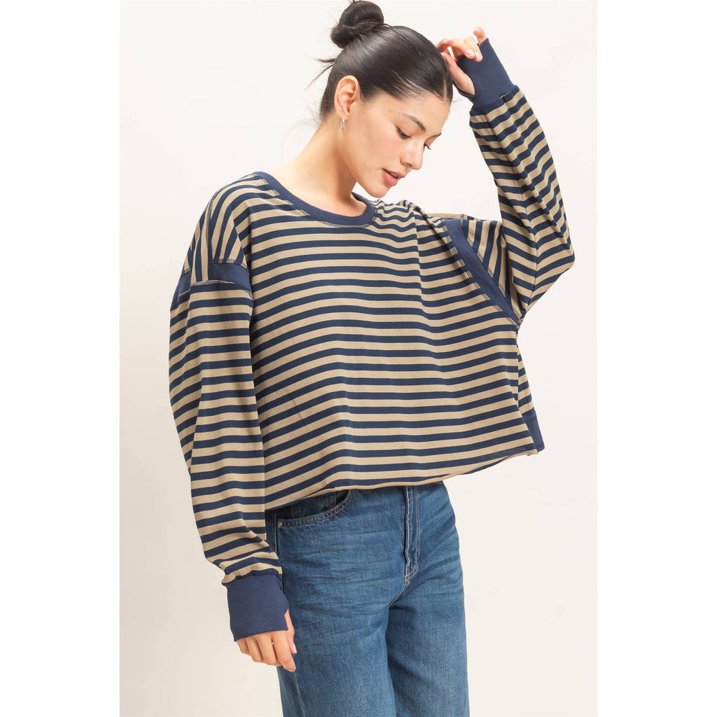 Striped Long Sleeve Top: MOCHA / WHITE