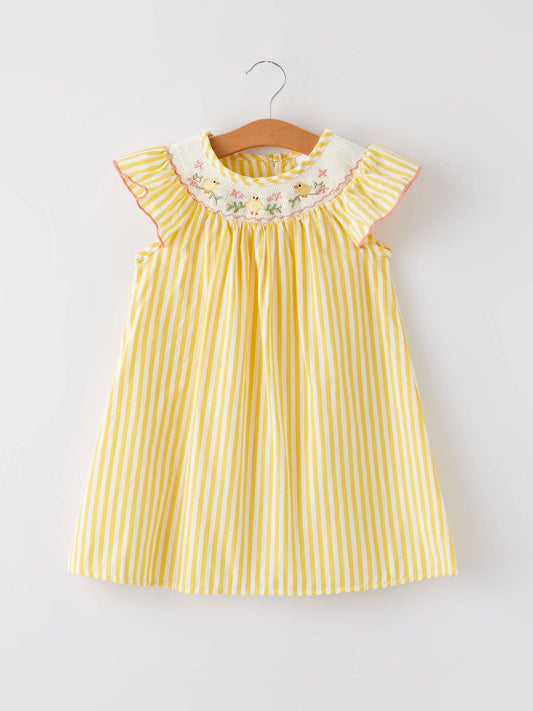 Easter Chick Florals Embroidery Girls Yellow Dress