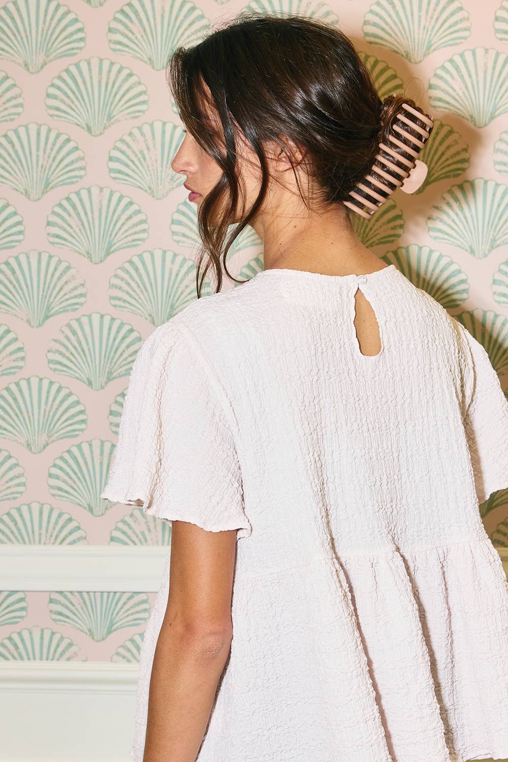 Ruffle Tiered Babydoll Textured Top: CREAM