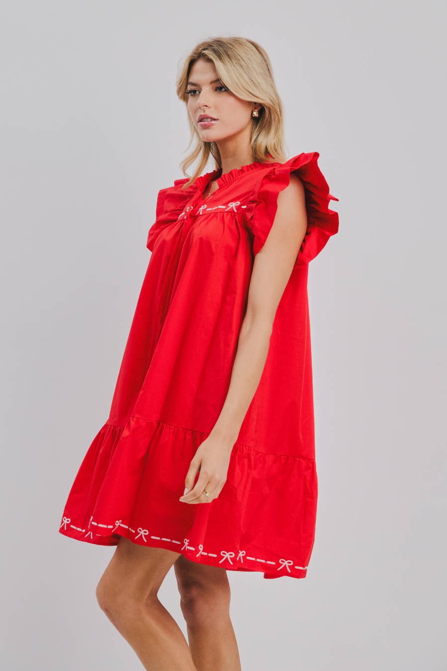 Solid Poplin Babydoll Mini Dress: Red