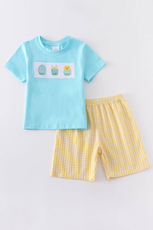 Blue Chicked Smocked Boy Set