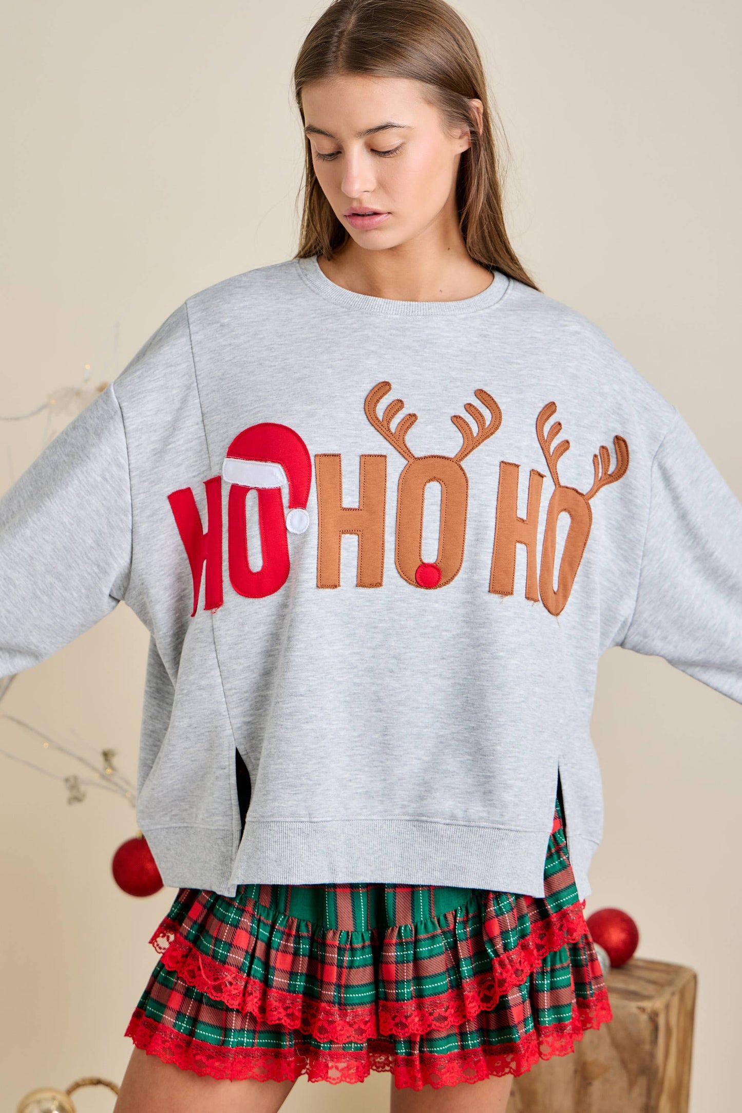 HO HO HO Grey Holiday Sweatshirt Patchwork Fleece Festive: HEATHER GREY