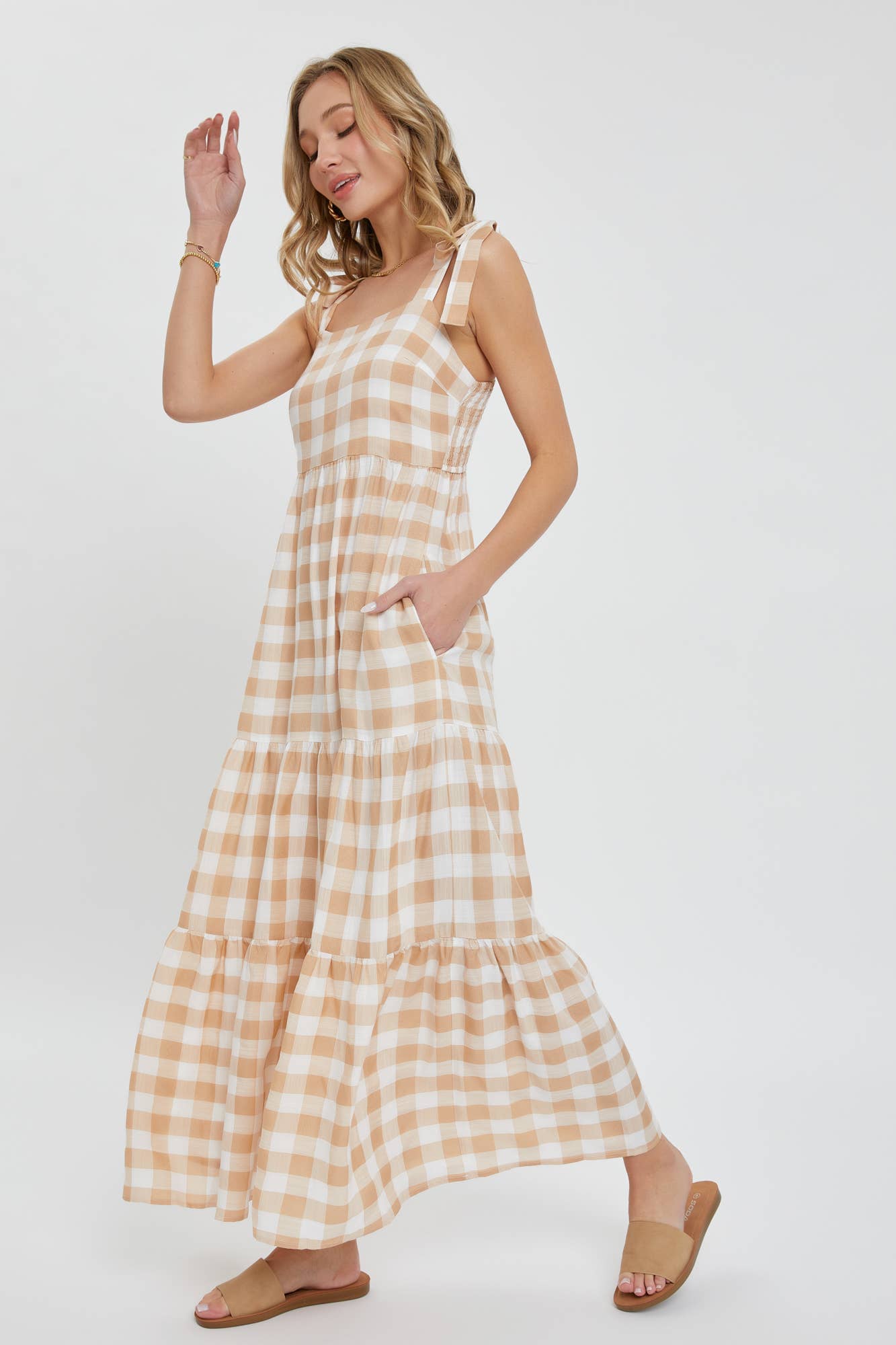 GINGHAM TIERED MAXI DRESS: TAUPE