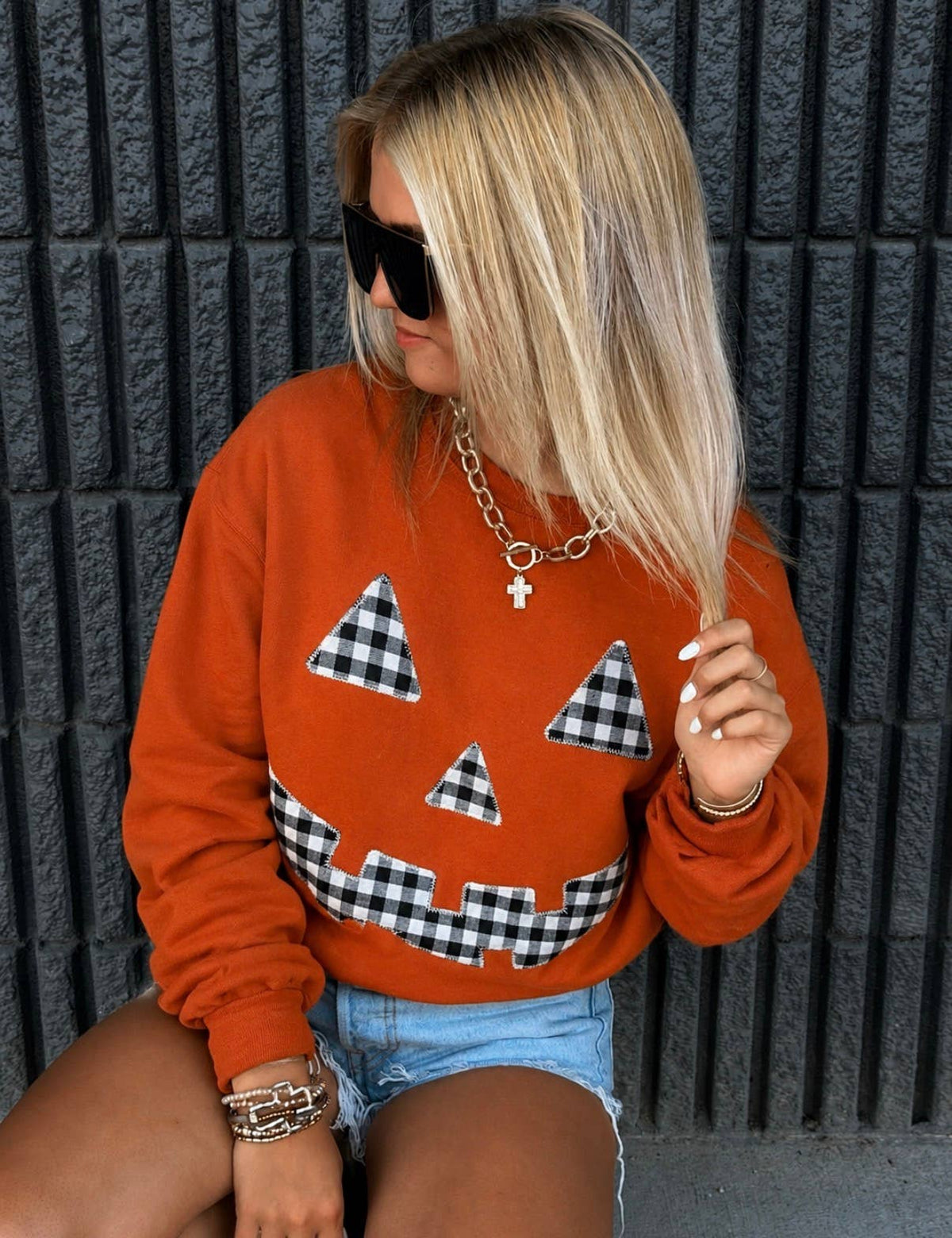 Burnt Orange Gingham Pumpkin Sweatshirt: 2X
