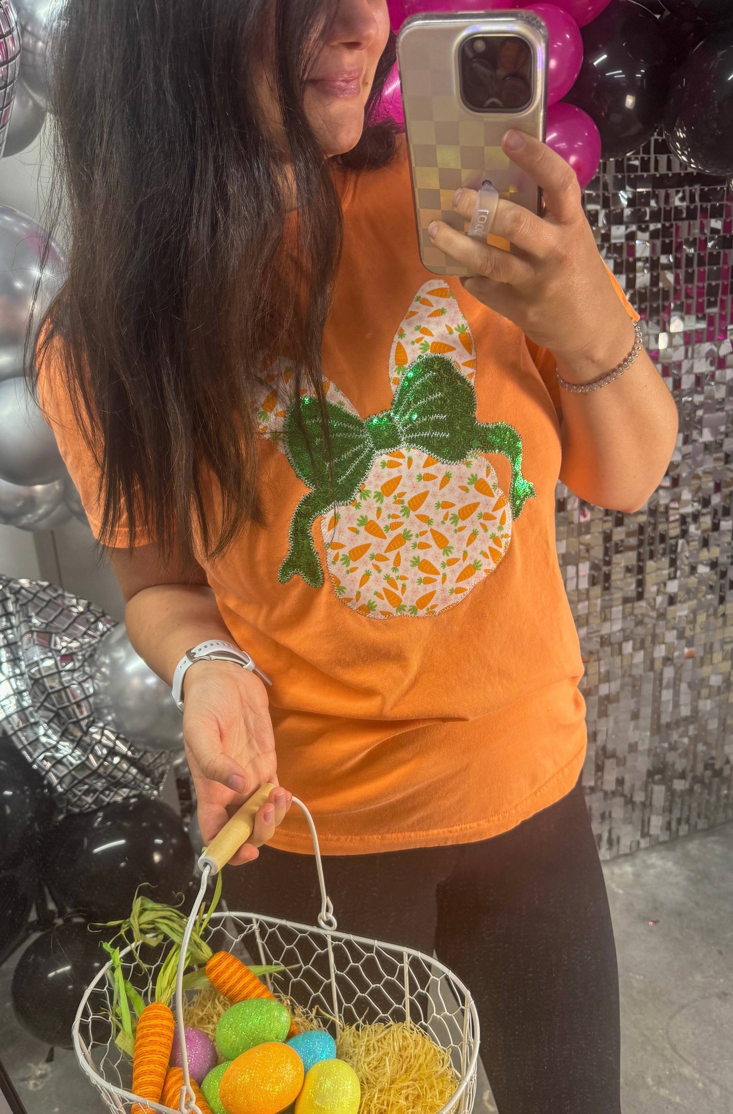 Bunny with Carrot & Bow Orange Embroidery Tee