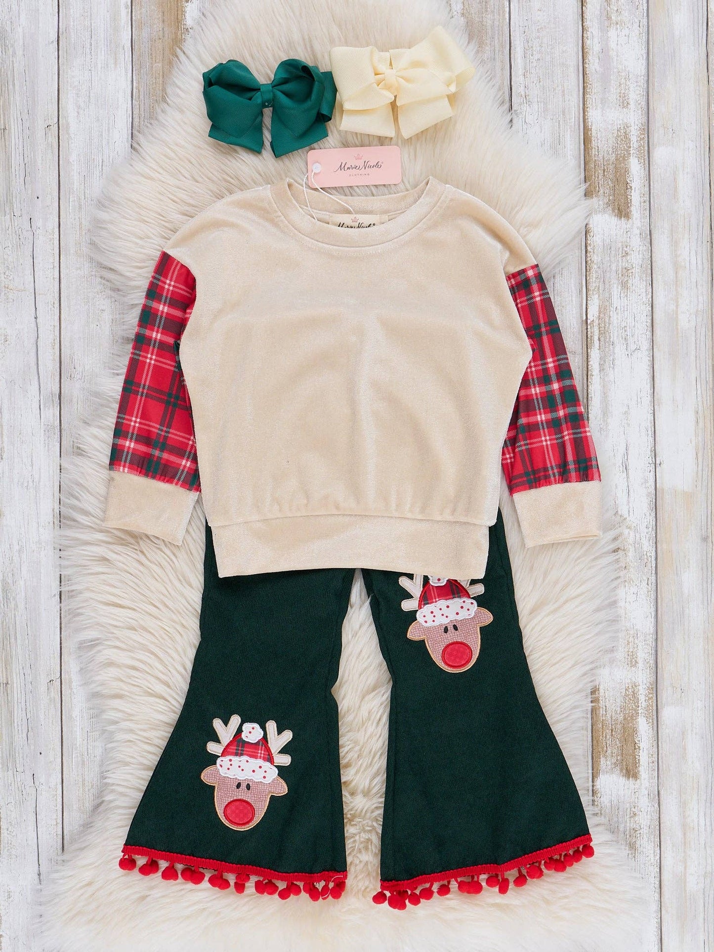 Red Plaid & Green Reindeer Cheer Bell Bottoms Outfit