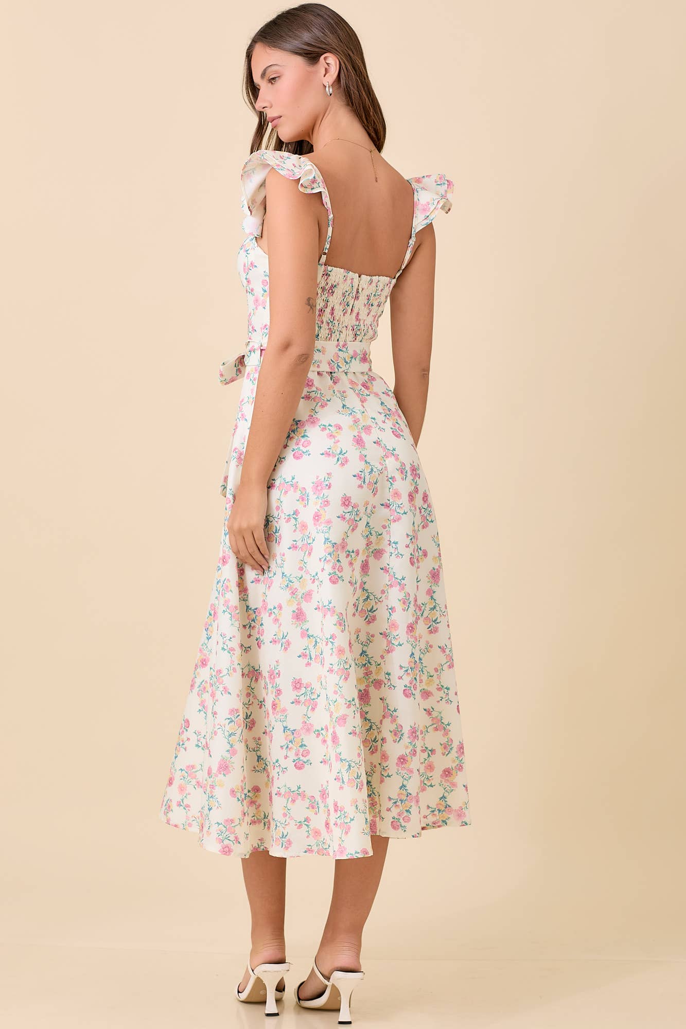 Floral Printed Ruffle Sleeve Midi Dress: IVORY MULTI