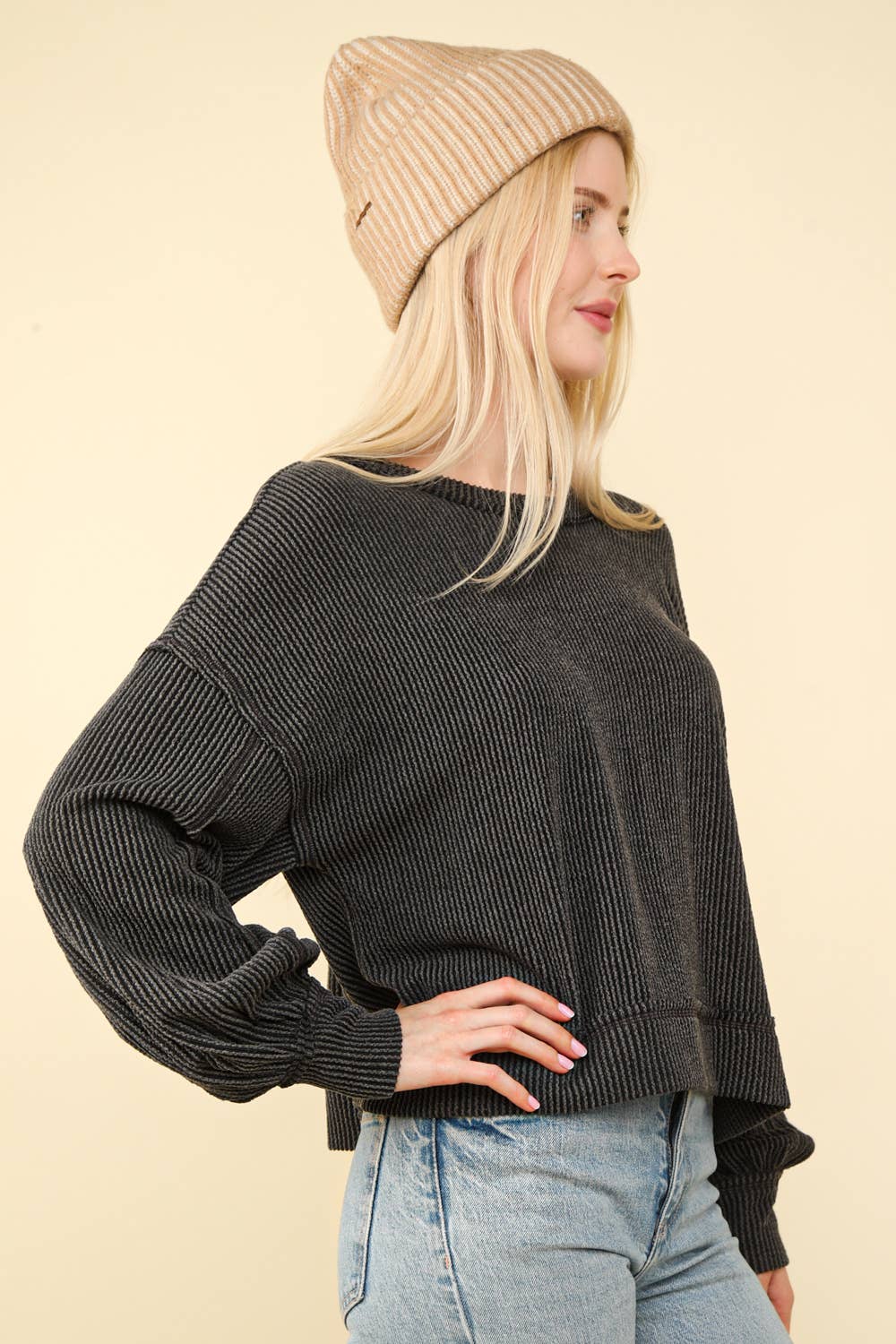 DOORBUSTER Two Tone Otto Ribbed Oversized Soft Comfy knit Top: CHARCOAL