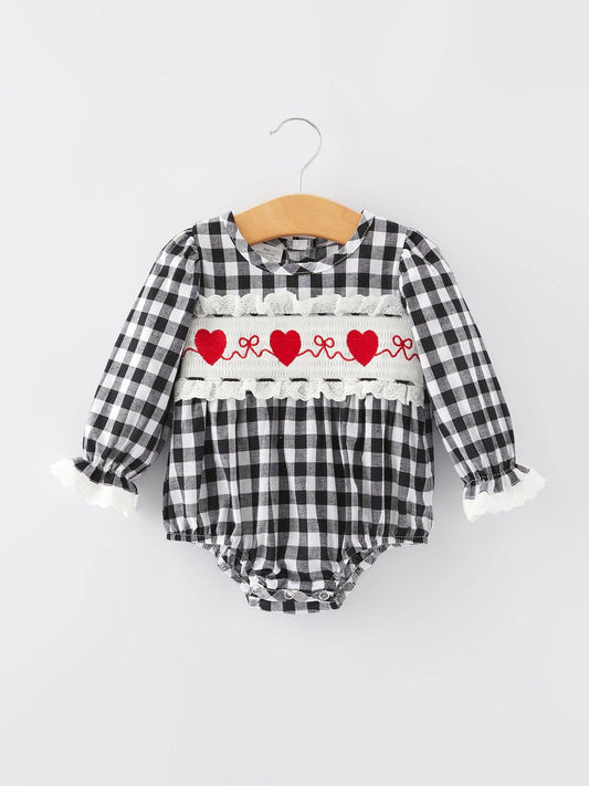 Black and white Plaid heart and bows Smocking Embroidery Long Sleeve Girls Romper