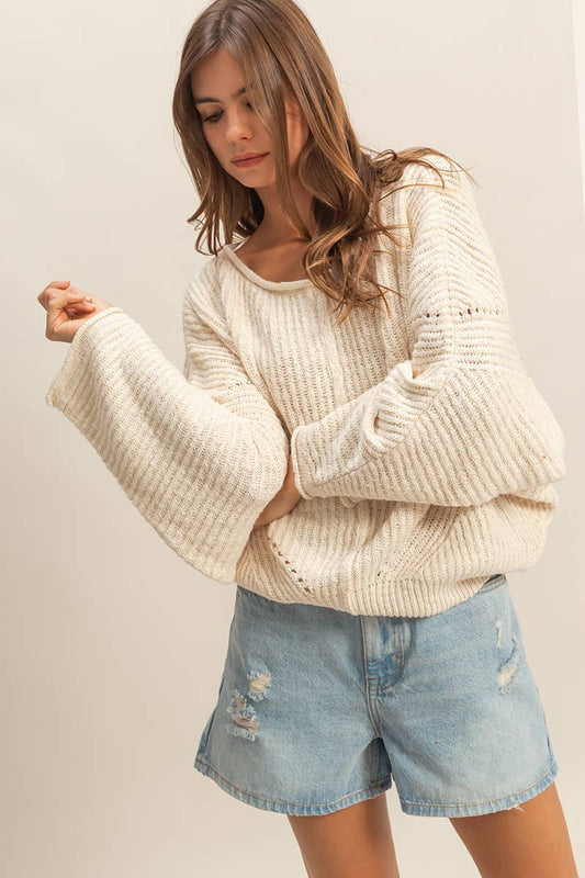 Ribbed Drop Sleeve Sweater: CREAM