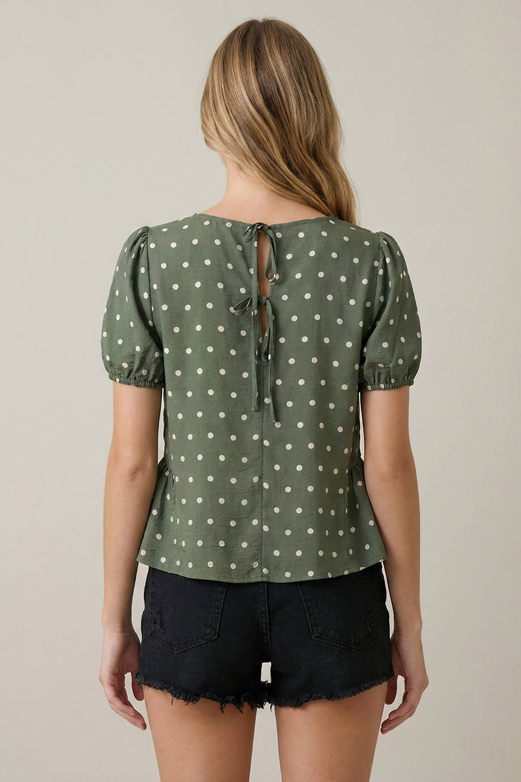 POLKA DOT SSLV PEPLUM BLOUSE - 45917T: Beige / L