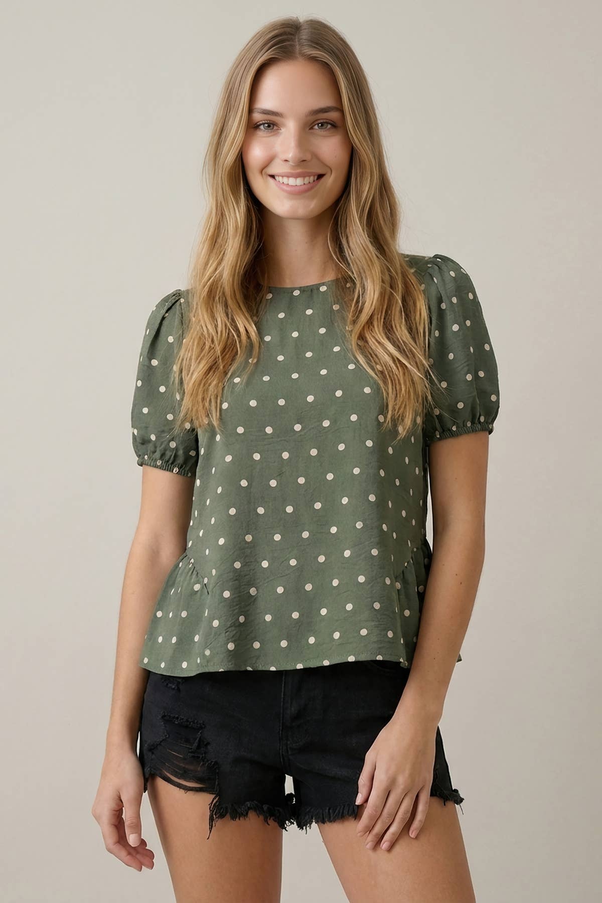 POLKA DOT SSLV PEPLUM BLOUSE - 45917T: Beige / L