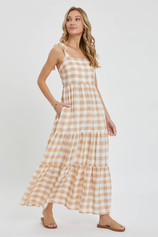 GINGHAM TIERED MAXI DRESS: TAUPE