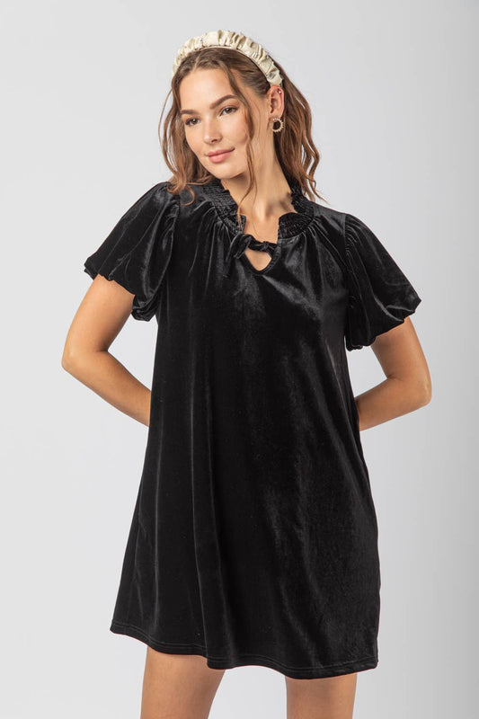 Puff Sleeve Velvet Holiday Mini Dress: Black