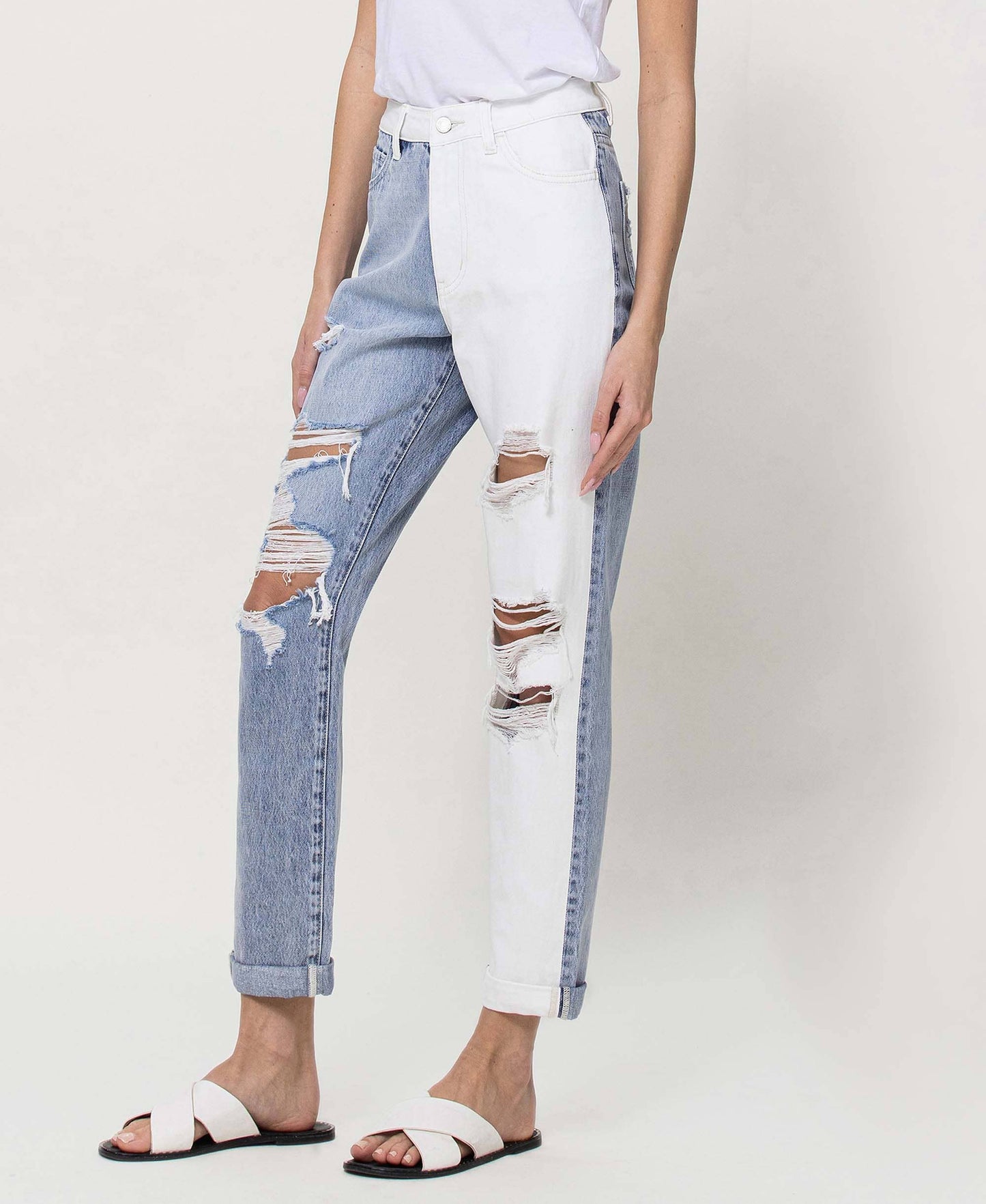 SUPER HIGH RISE SPLIT TWO TONE CUFFED MOM JEANS EMMA