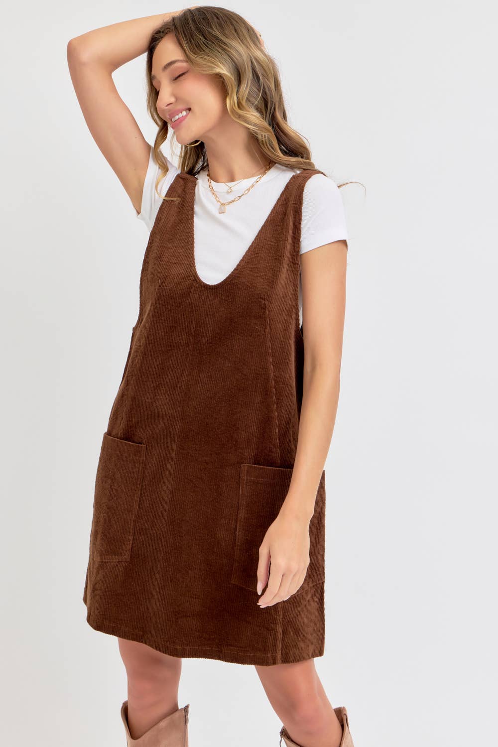 CASUAL OVERALL CORDUROY DRESS CAMEL