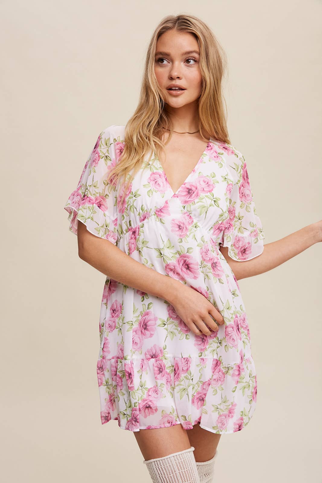 Floral Ruffle Sleeve Mini Dress: Cream