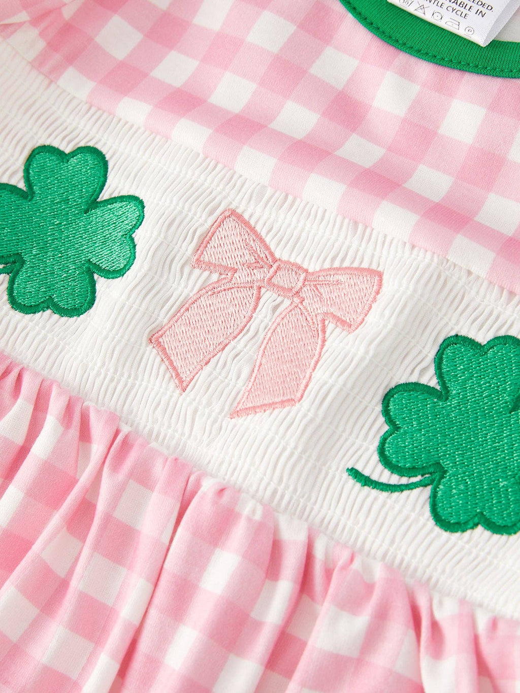 St. Patrick's Day Smocking 4-leaf Clover Plaid Bow Embroidered Set