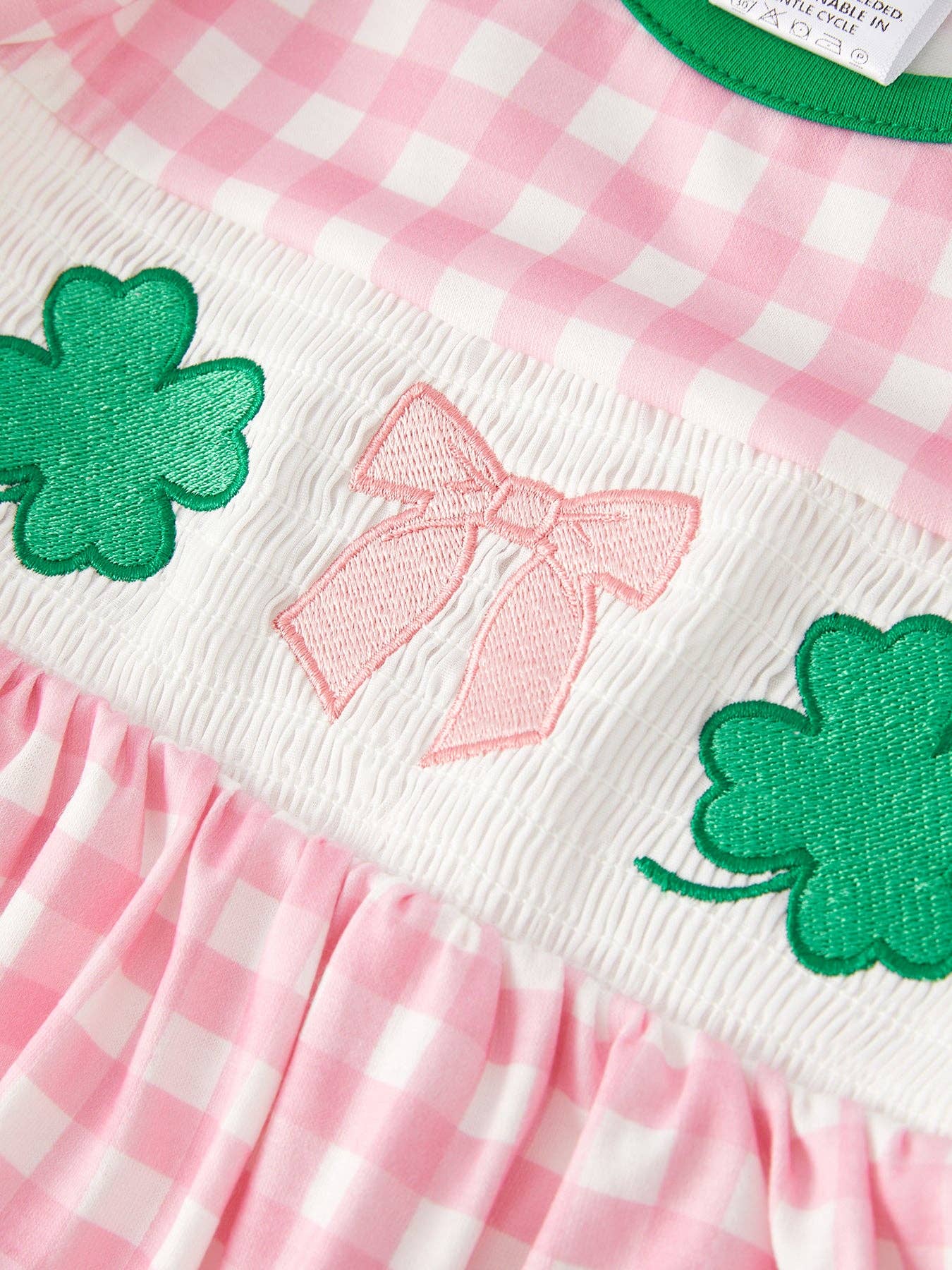 St. Patrick's Day Smocking 4-leaf Clover Plaid Bow Embroidered Set