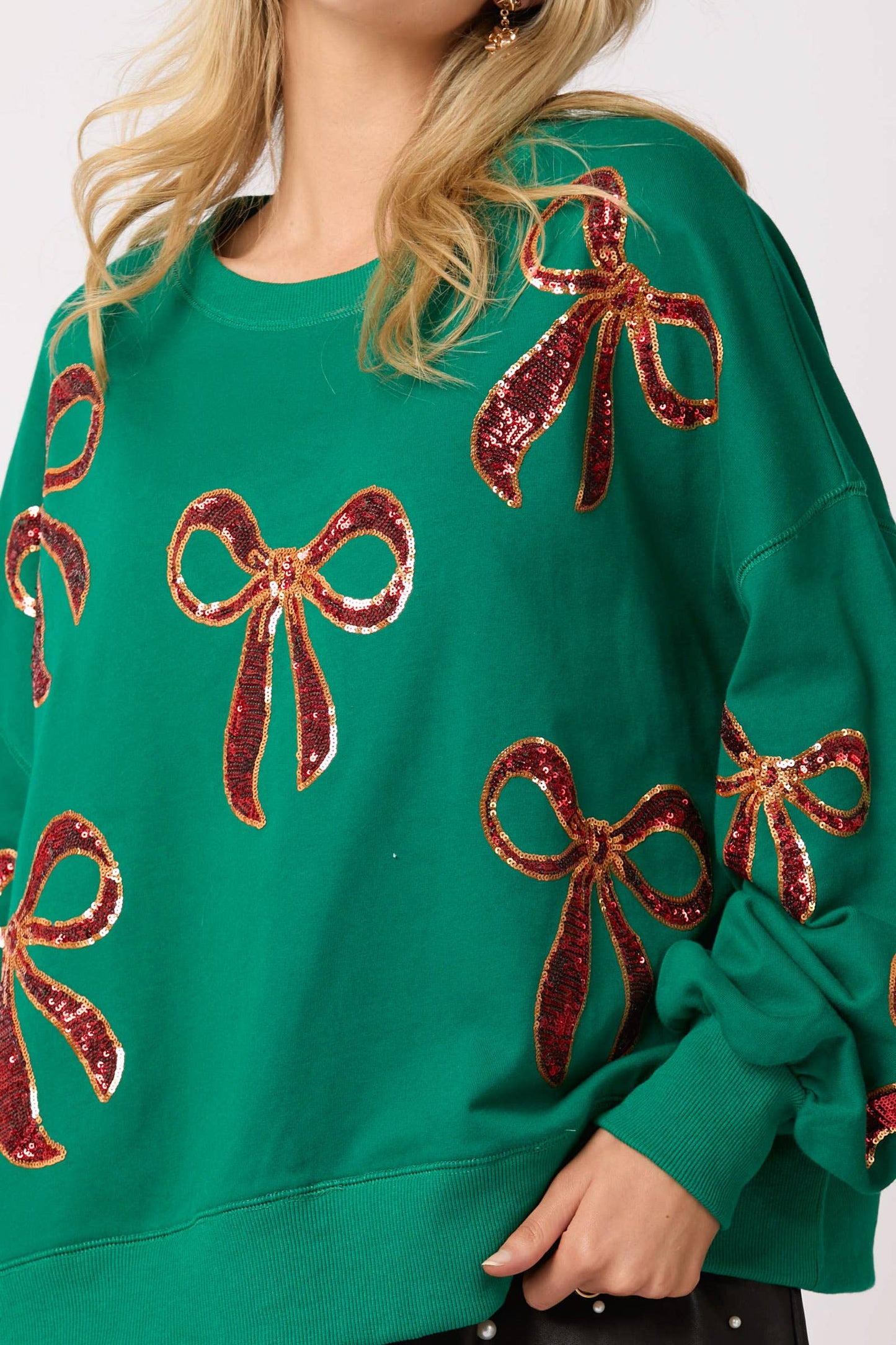 Christmas Bow Embroidery Oversized Green Sweatshirts