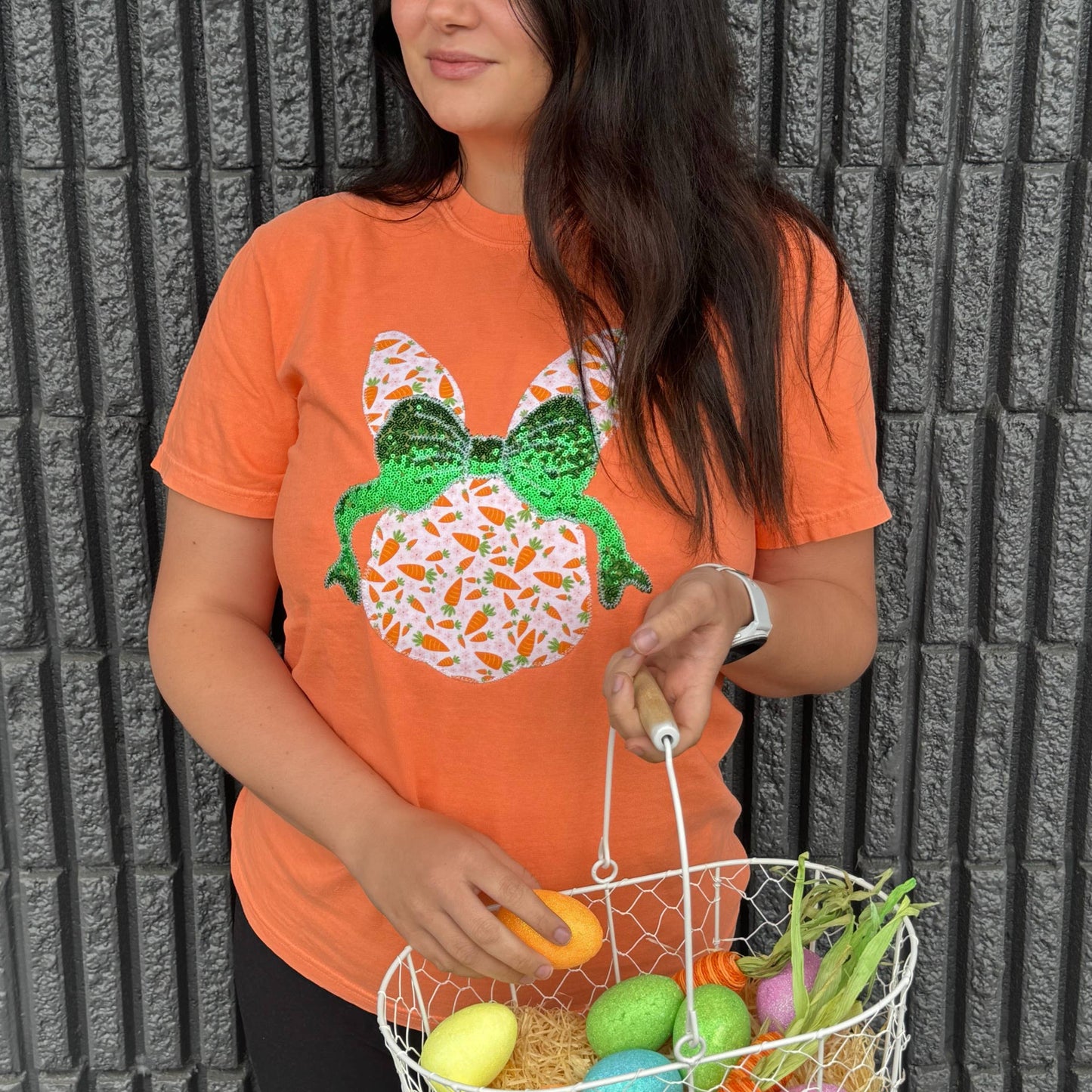 Bunny with Carrot & Bow Orange Embroidery Tee