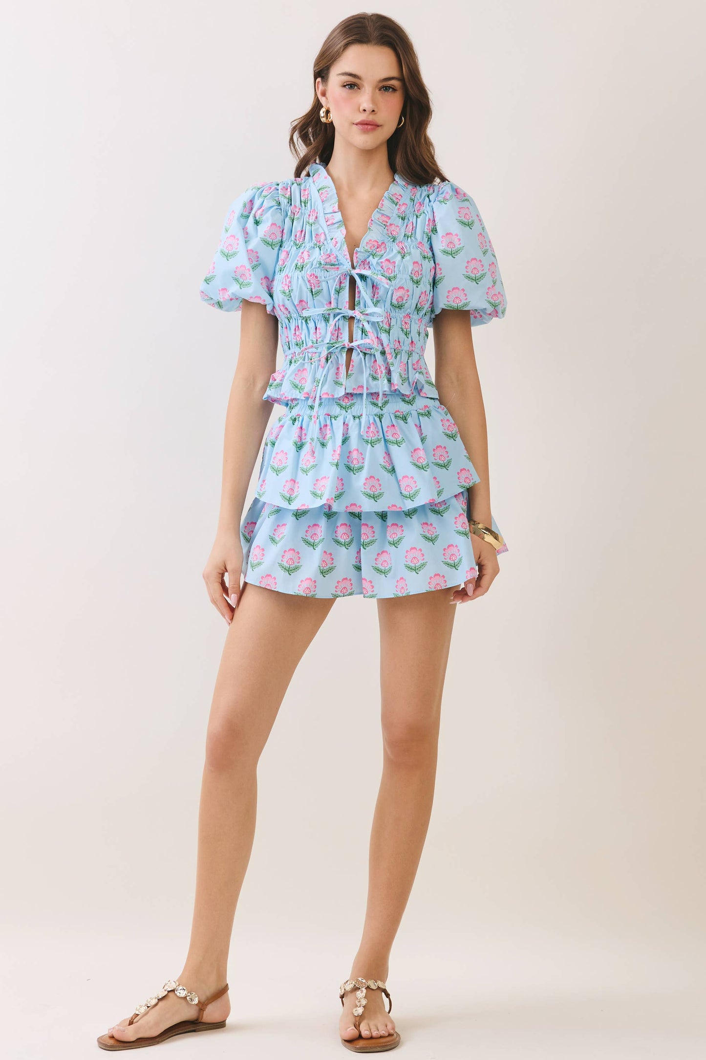 Floral Print Ruffle Trim Puff Sleeve Tie Front Top: Blue
