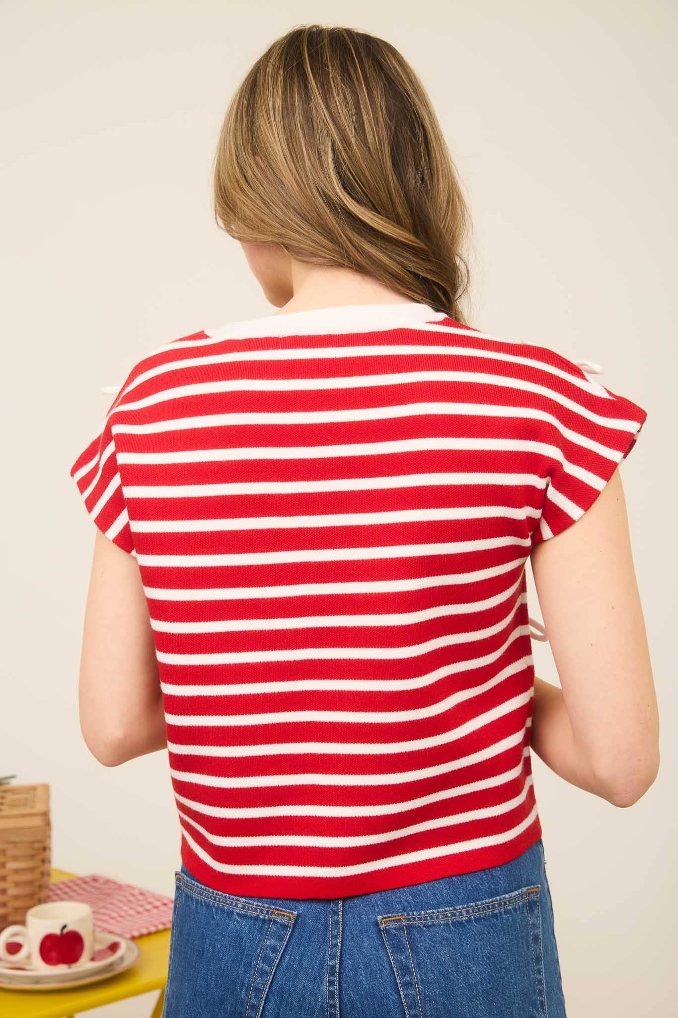 STRIPE BOW DETAIL SHORT SLEEVE KNIT TOP: RED
