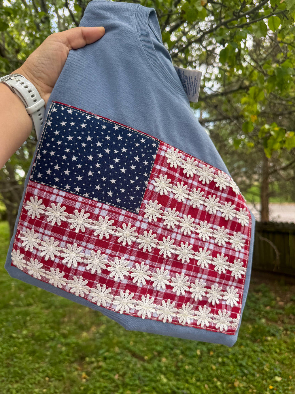 Floral Blue Jean American Flag embroidered tee