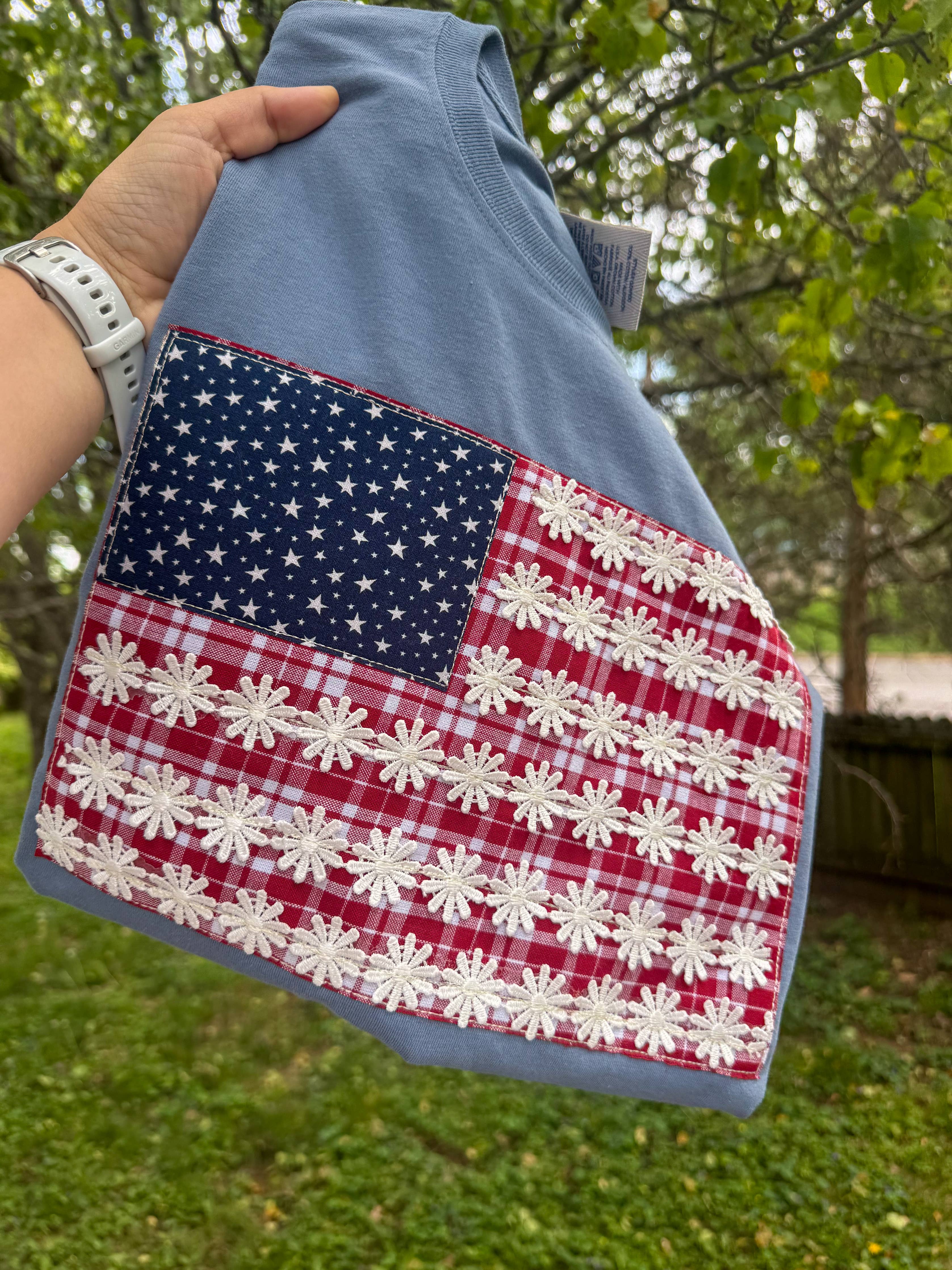 Floral Blue Jean American Flag embroidered tee