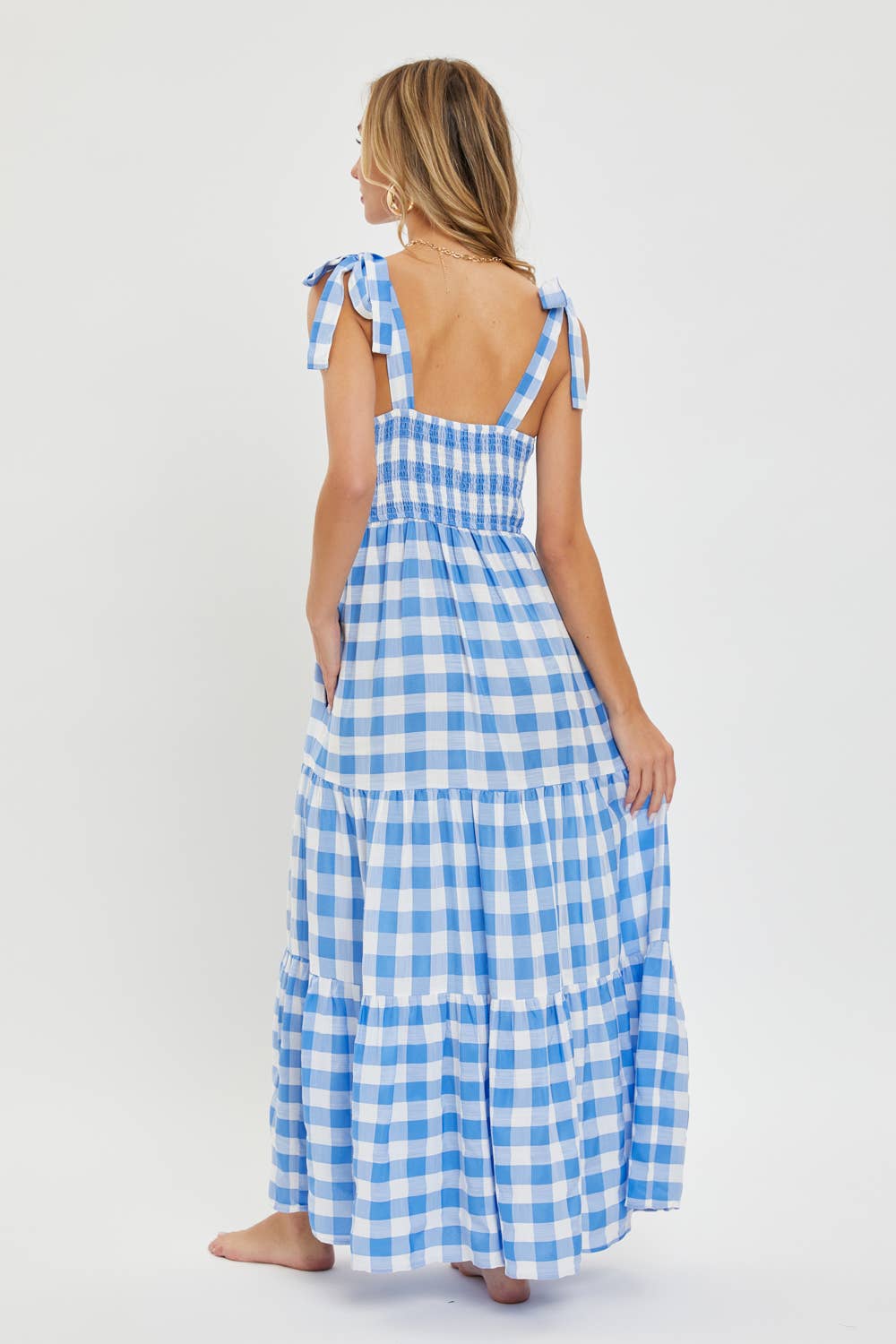 GINGHAM TIERED MAXI DRESS: TAUPE